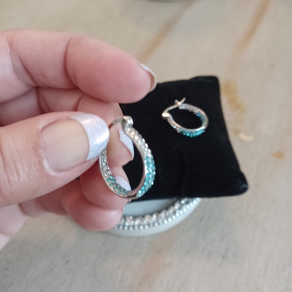 Blue Ombre Rhinestone Crystal Inside-Out Hoop Drop Dangle Earrings - Picture 6 of 9